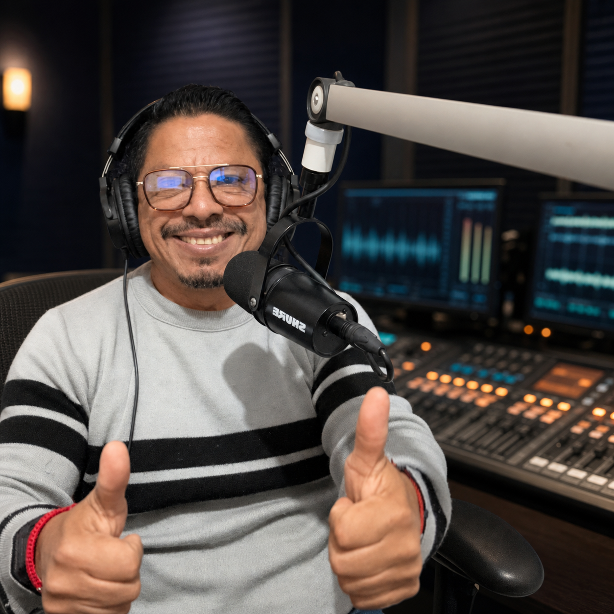 Locutor de La Voladora en una cabina de radio profesional