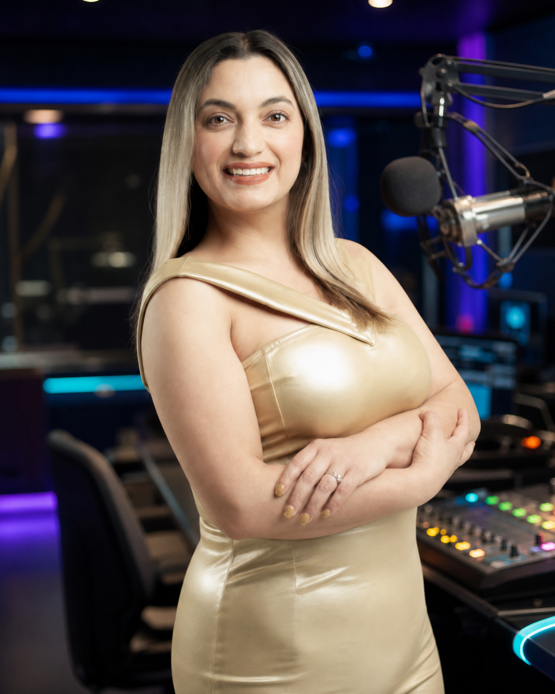 Claudia Camacho, La Meche, en cabina de radio
